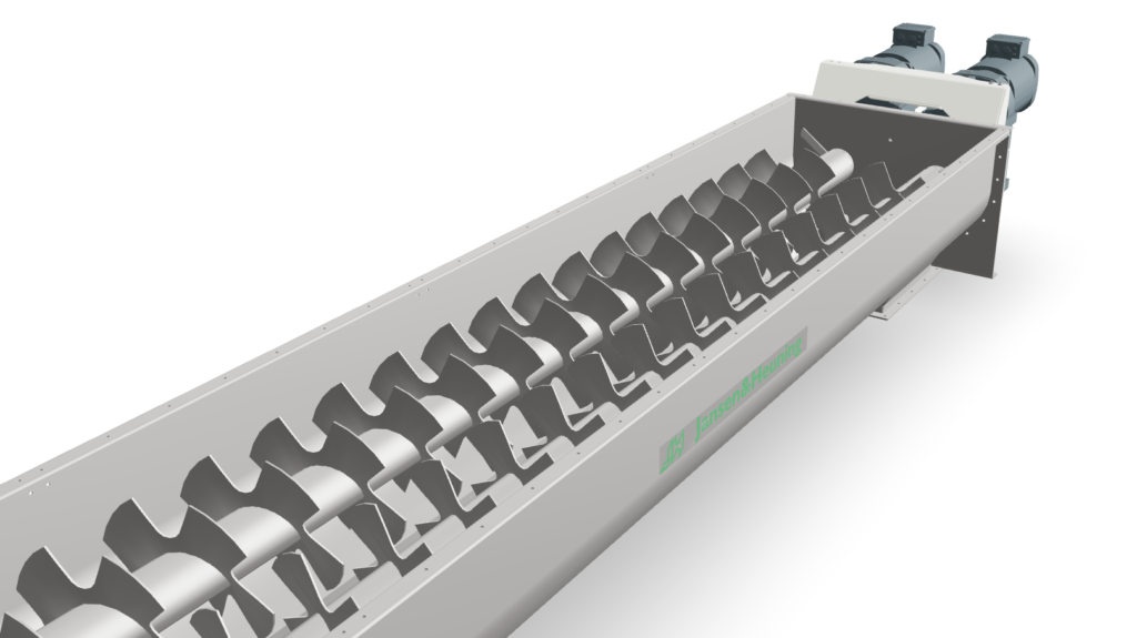 Horizontale mixer voor bulkmaterialen met dubbele woelassen